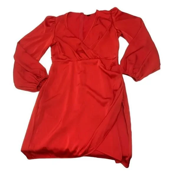 Red Long Sleeve Wrap Style Dress - Picture 2 of 5